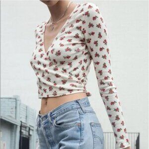 Brand Melville White Red Floral Wrap Long Sleeve Crop Top Women’s Blouse